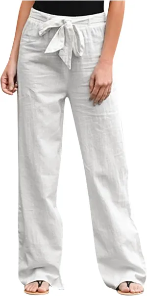 Women's Linen Blend Summer Casual Flowy Palazzo Lounge Pants Elastic Waisted Stretchy Straight Loose Fit