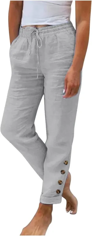 Womens Linen Blend Summer Solid Pant Trousers High Waist Stretchy Straight Slim Fit Pants Work Business