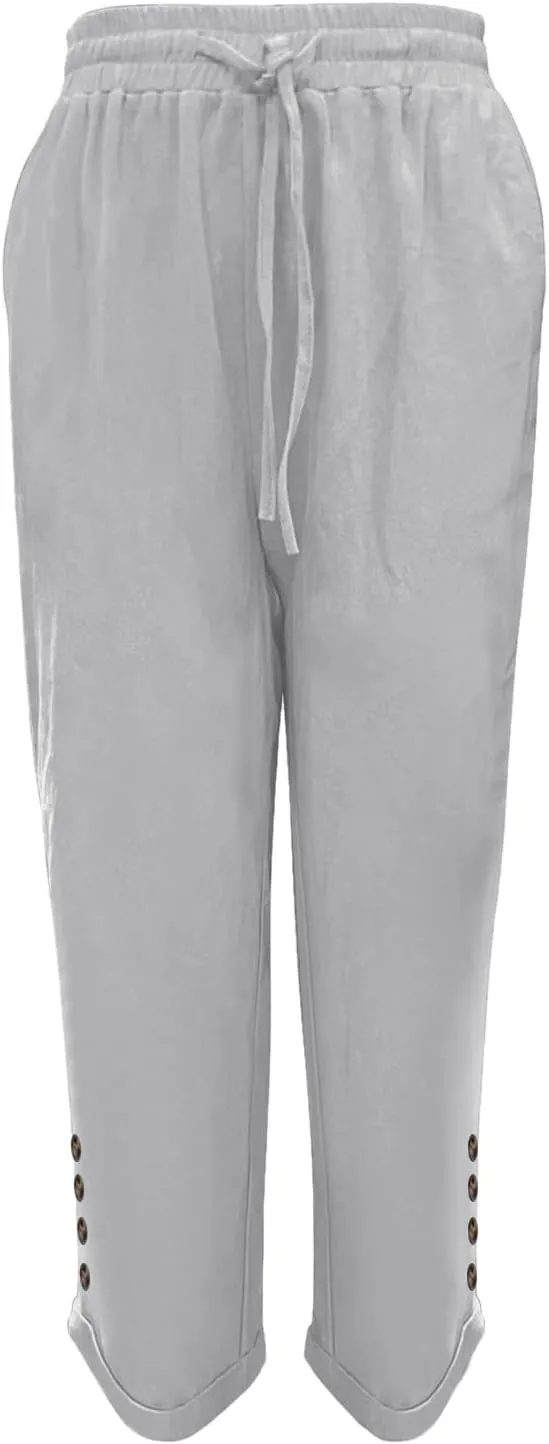 Womens Linen Blend Summer Solid Pant Trousers High Waist Stretchy Straight Slim Fit Pants Work Business