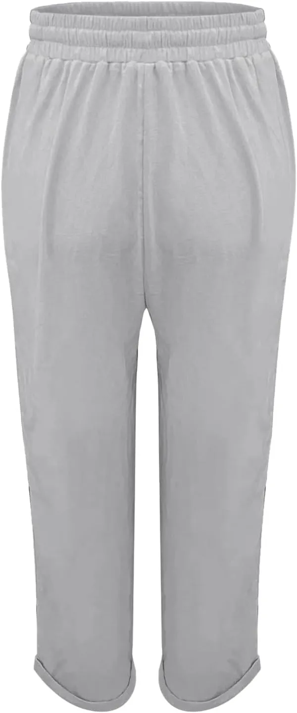 Womens Linen Blend Summer Solid Pant Trousers High Waist Stretchy Straight Slim Fit Pants Work Business
