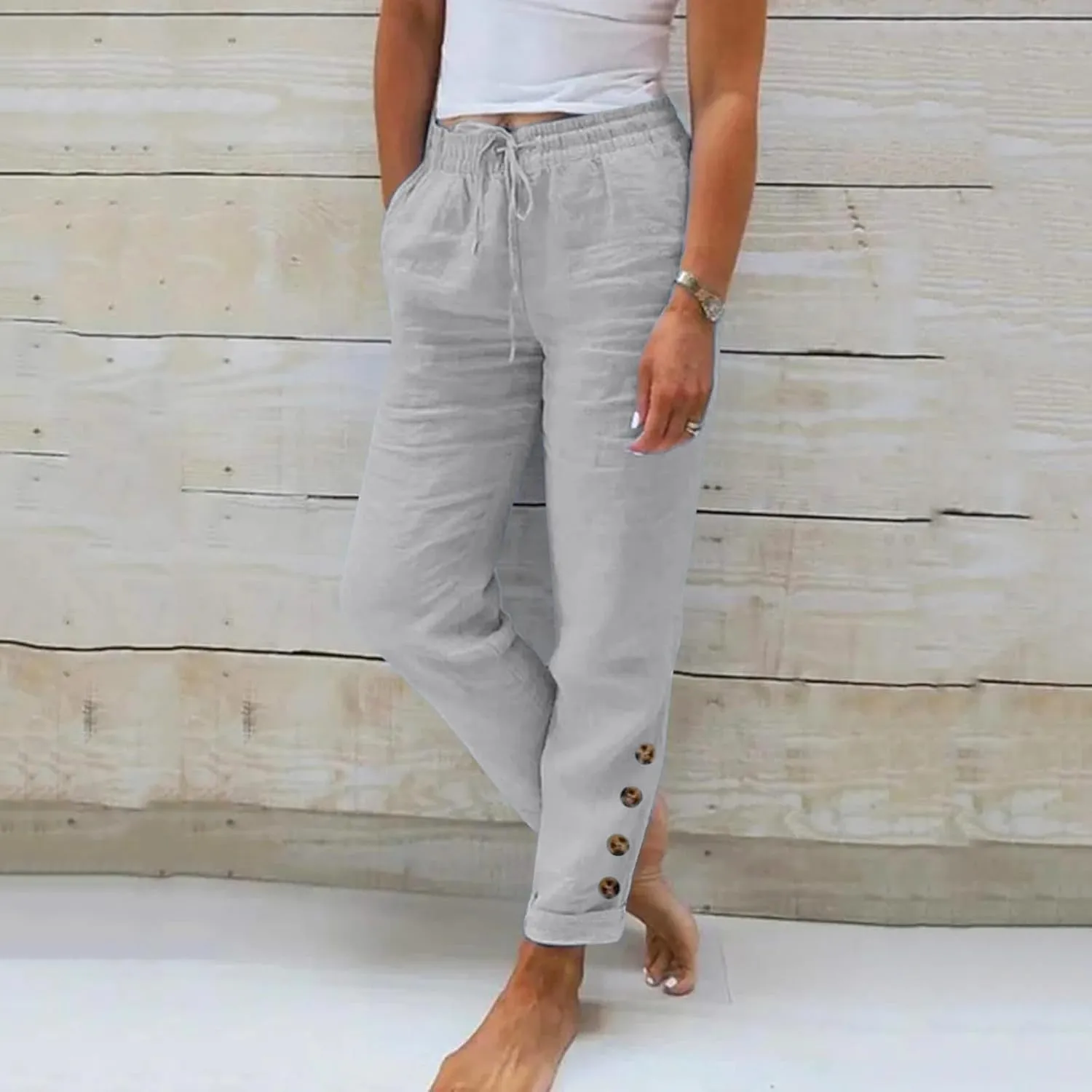 Womens Linen Blend Summer Solid Pant Trousers High Waist Stretchy Straight Slim Fit Pants Work Business