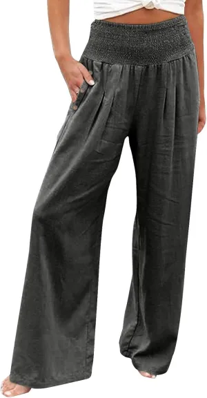 Womens Linen Pants 2025 Summer Casual Loose Wide Leg Palazzo Long Pants Smocked High Waist Flowy Beach Trousers Outfits