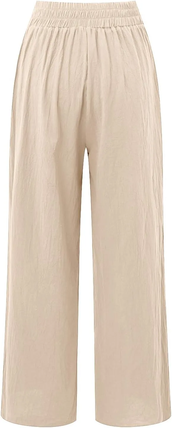 Womens Linen Pants 2025 Summer Casual Loose Wide Leg Palazzo Long Pants Smocked High Waist Flowy Beach Trousers Outfits