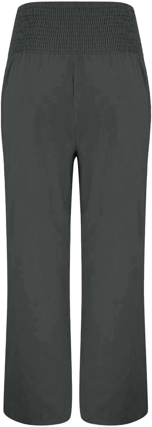 Womens Linen Pants 2025 Summer Casual Loose Wide Leg Palazzo Long Pants Smocked High Waist Flowy Beach Trousers Outfits