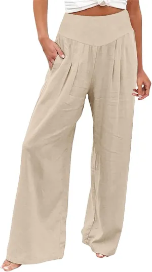 Womens Linen Pants 2025 Summer Casual Loose Wide Leg Palazzo Long Pants Smocked High Waist Flowy Beach Trousers Outfits