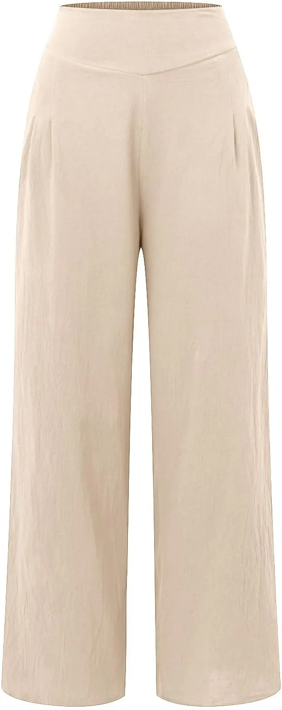 Womens Linen Pants 2025 Summer Casual Loose Wide Leg Palazzo Long Pants Smocked High Waist Flowy Beach Trousers Outfits