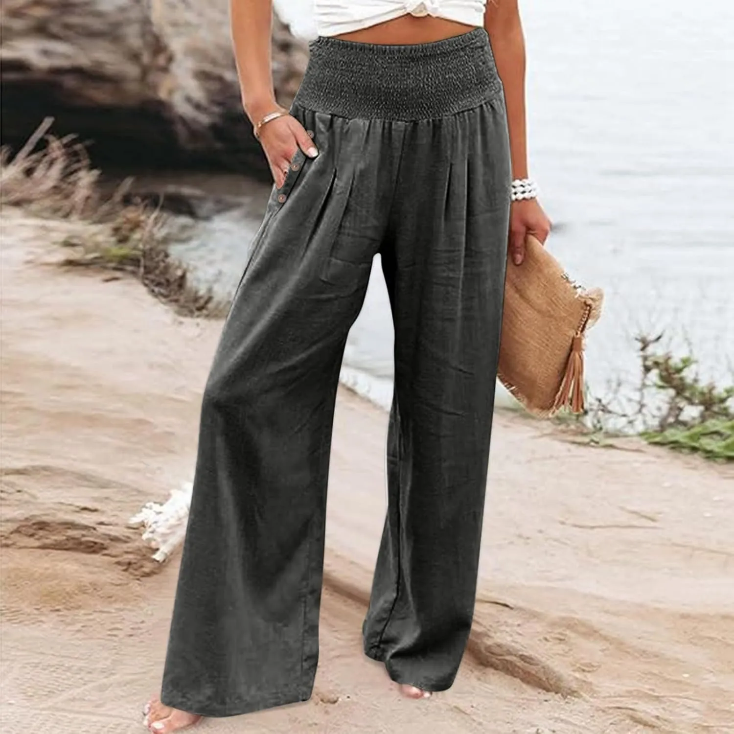 Womens Linen Pants 2025 Summer Casual Loose Wide Leg Palazzo Long Pants Smocked High Waist Flowy Beach Trousers Outfits