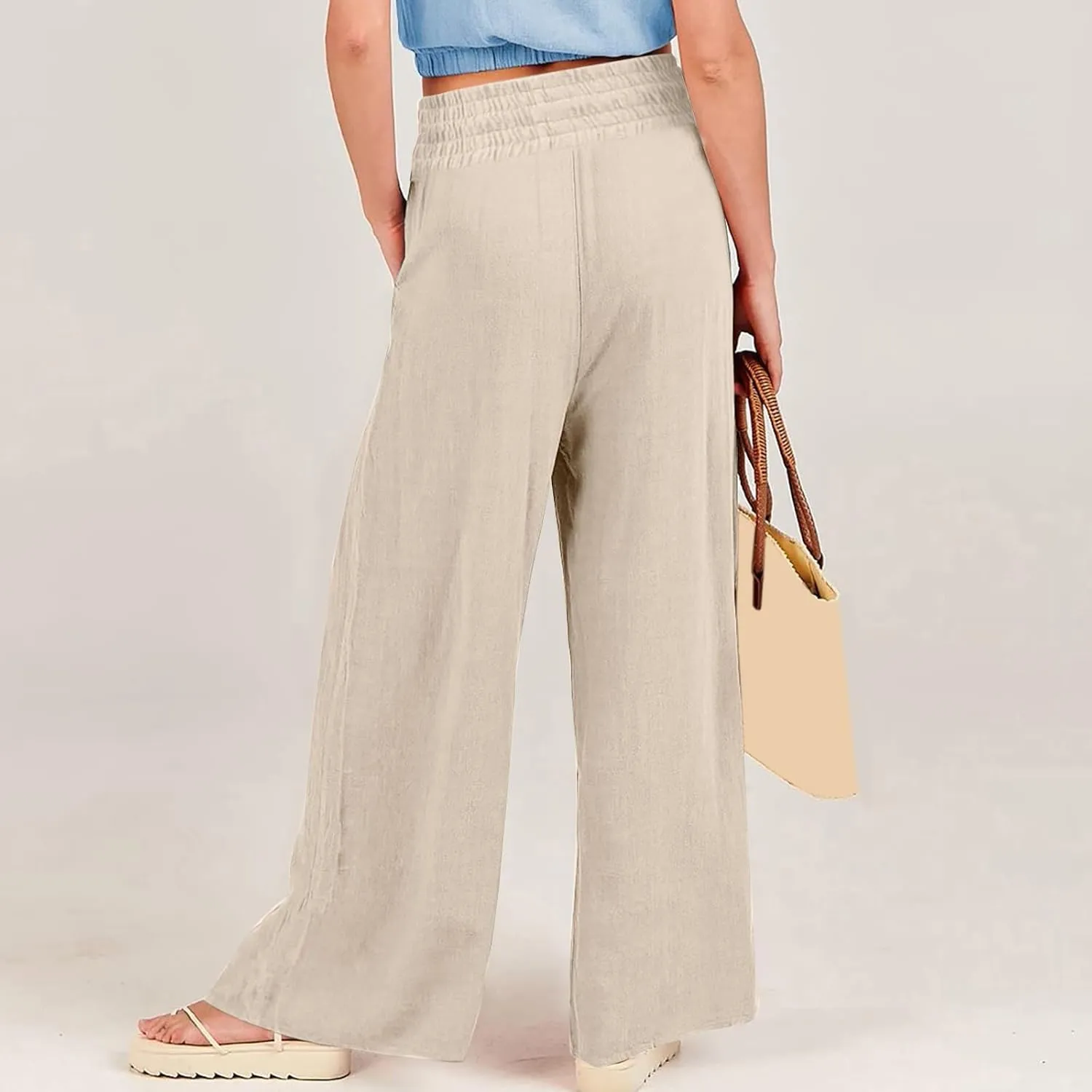 Womens Linen Pants 2025 Summer Casual Loose Wide Leg Palazzo Long Pants Smocked High Waist Flowy Beach Trousers Outfits