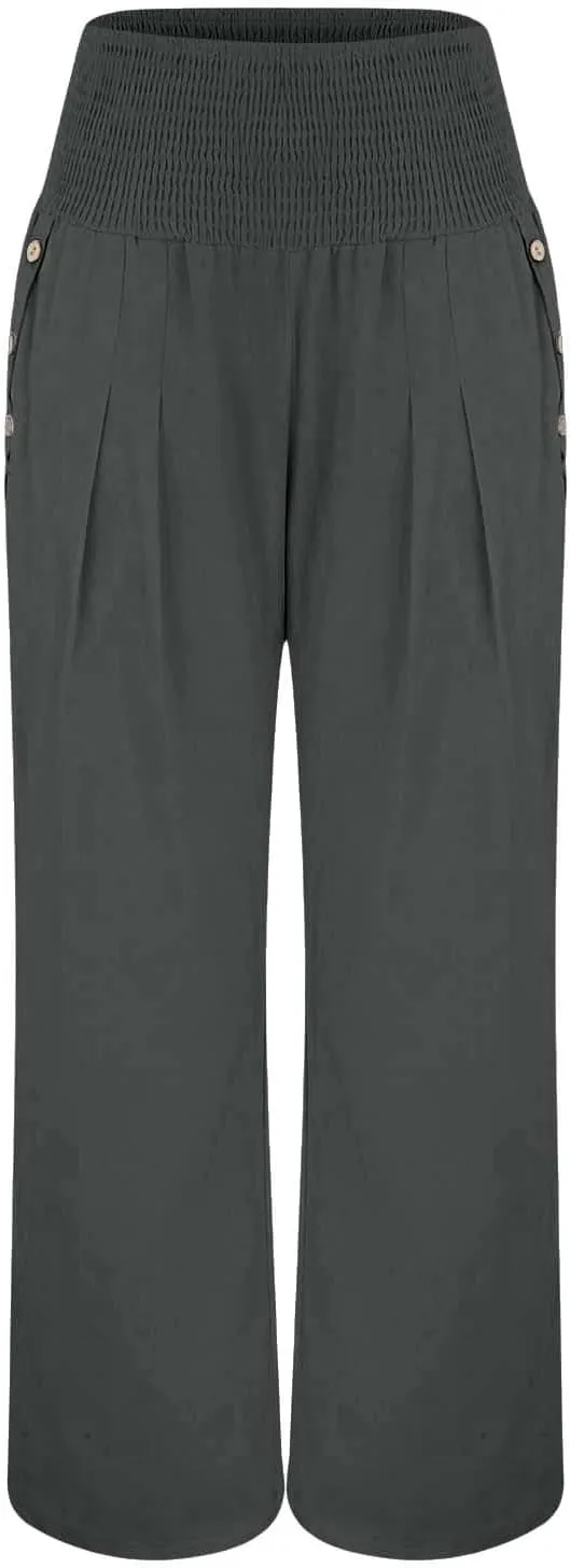 Womens Linen Pants 2025 Summer Casual Loose Wide Leg Palazzo Long Pants Smocked High Waist Flowy Beach Trousers Outfits