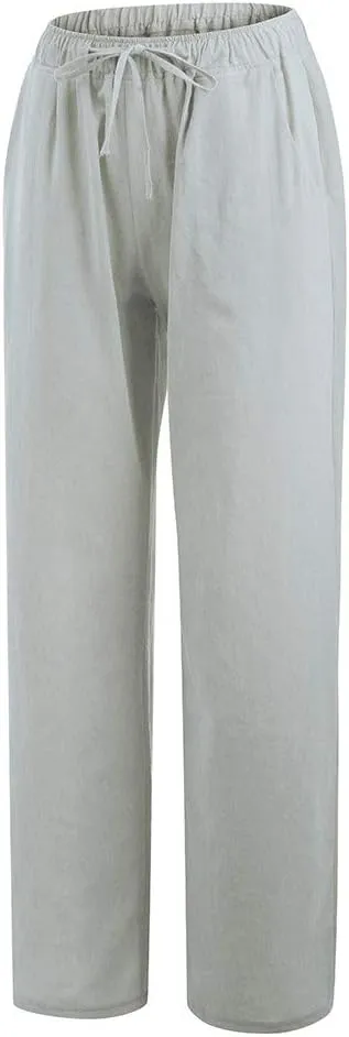 Womens Linen Pants Casual Elastic High Waisted Drawstring Palazzo Pant Trendy Wide Leg Beach Trousers with Pockets