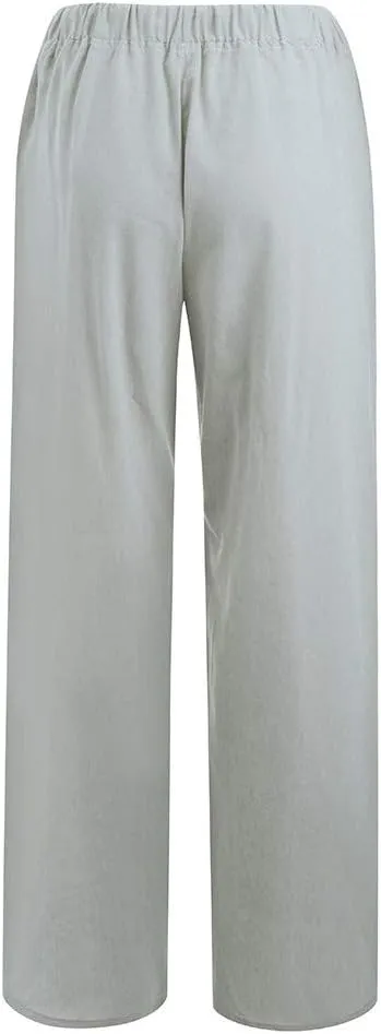 Womens Linen Pants Casual Elastic High Waisted Drawstring Palazzo Pant Trendy Wide Leg Beach Trousers with Pockets