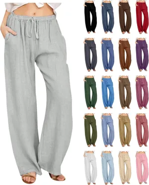 Womens Linen Pants Casual Elastic High Waisted Drawstring Palazzo Pant Trendy Wide Leg Beach Trousers with Pockets