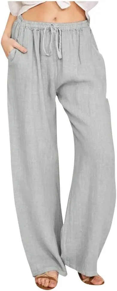 Womens Linen Pants Casual Elastic High Waisted Drawstring Palazzo Pant Trendy Wide Leg Beach Trousers with Pockets
