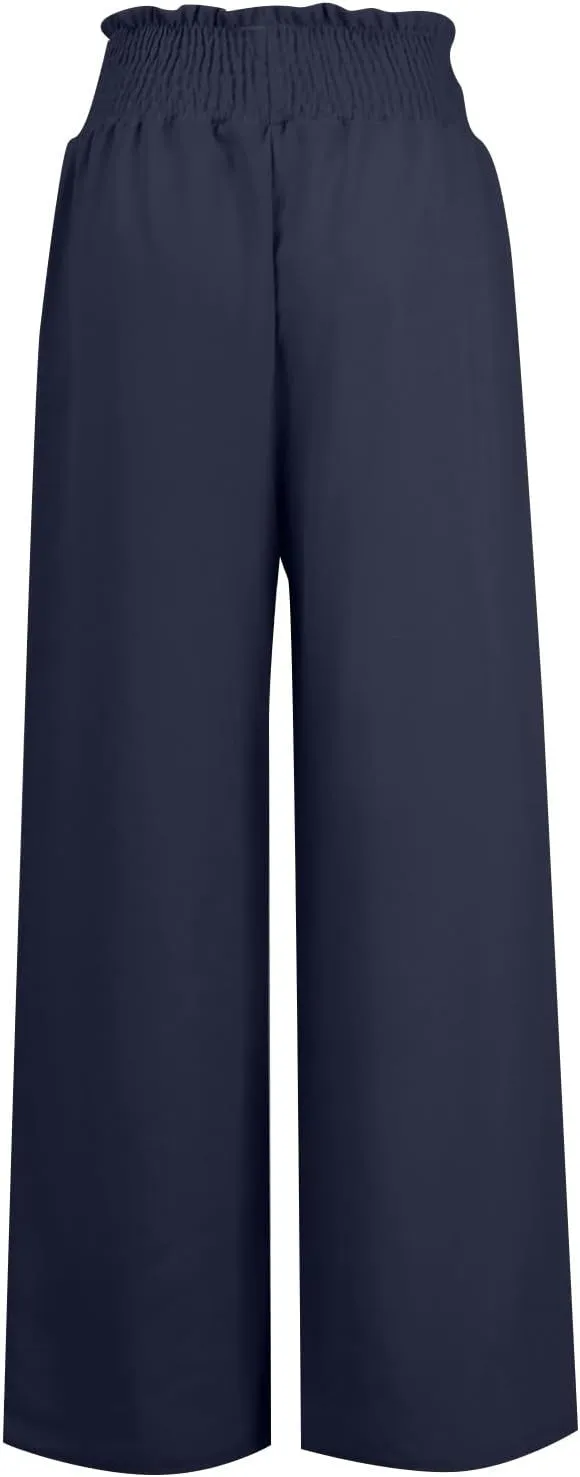 Womens Linen Pants Elastic High Waisted Wide Leg Palazzo Lounge Slacks Summer Casual Beach Boho Trousers with Pockets