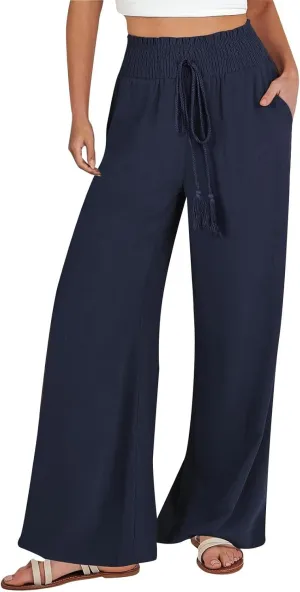 Womens Linen Pants Elastic High Waisted Wide Leg Palazzo Lounge Slacks Summer Casual Beach Boho Trousers with Pockets