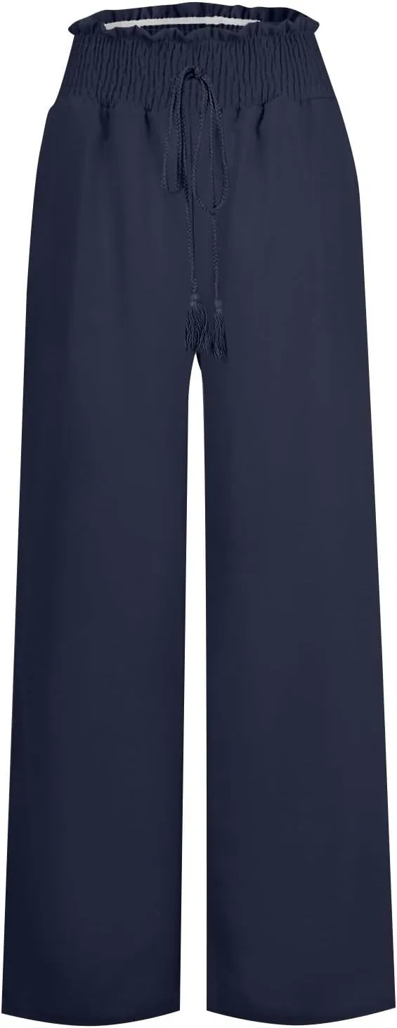 Womens Linen Pants Elastic High Waisted Wide Leg Palazzo Lounge Slacks Summer Casual Beach Boho Trousers with Pockets