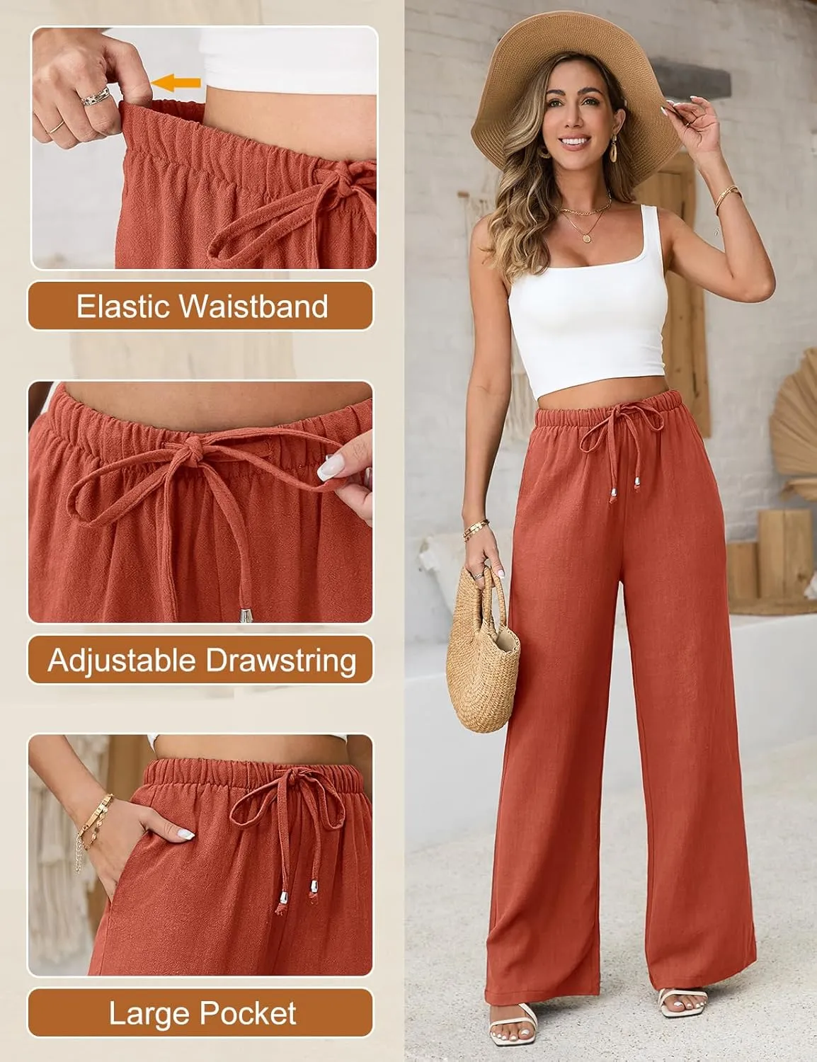 Womens Linen Pants High Waisted Wide Leg Trousers Summer Palazzo Casual Pant Flowy Drawstring Beach Pants