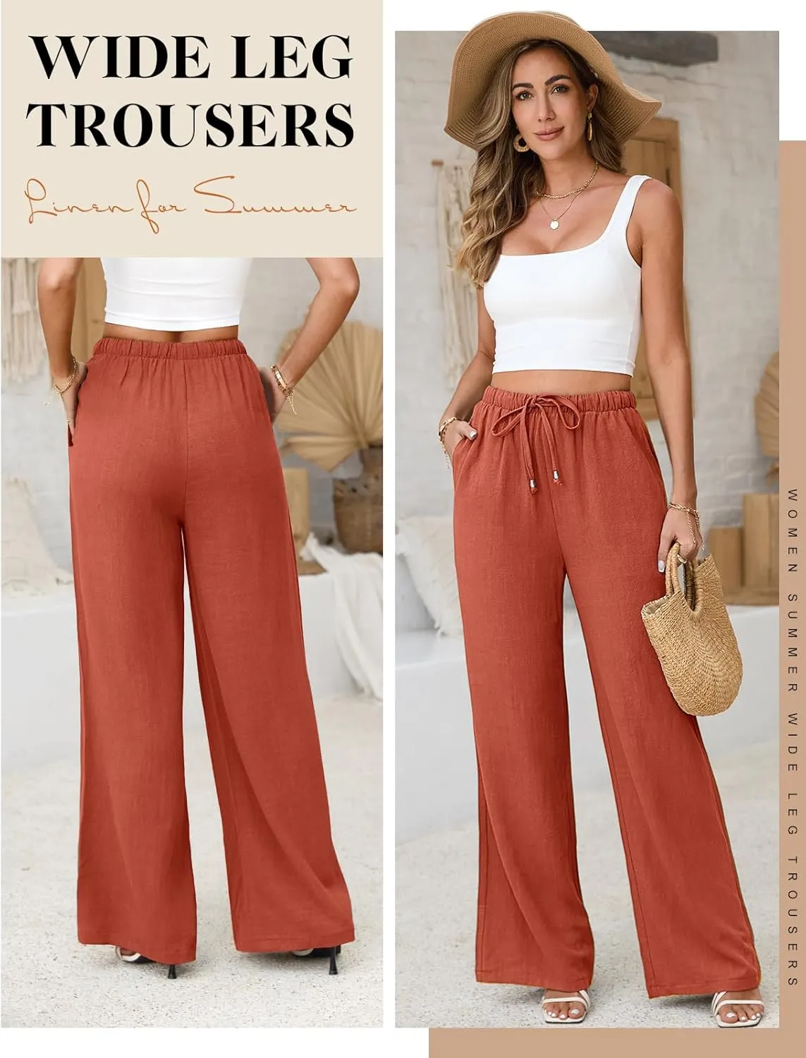Womens Linen Pants High Waisted Wide Leg Trousers Summer Palazzo Casual Pant Flowy Drawstring Beach Pants