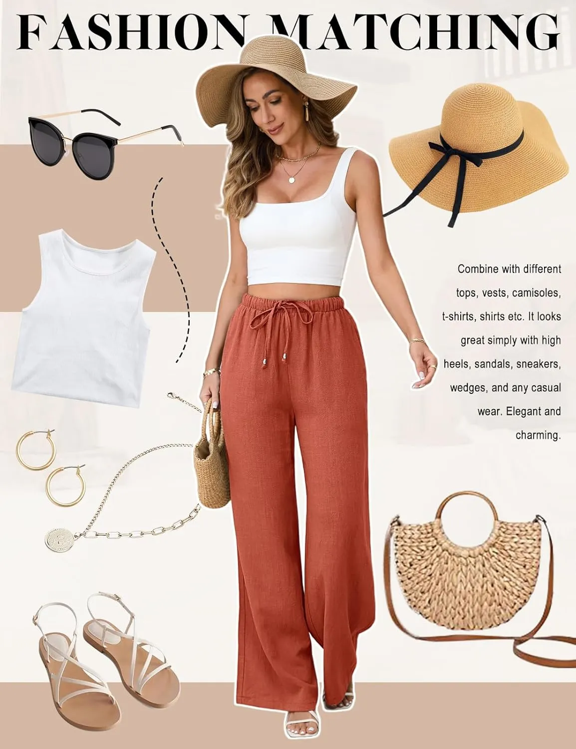 Womens Linen Pants High Waisted Wide Leg Trousers Summer Palazzo Casual Pant Flowy Drawstring Beach Pants