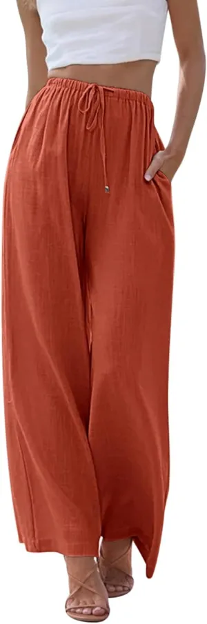 Womens Linen Pants High Waisted Wide Leg Trousers Summer Palazzo Casual Pant Flowy Drawstring Beach Pants