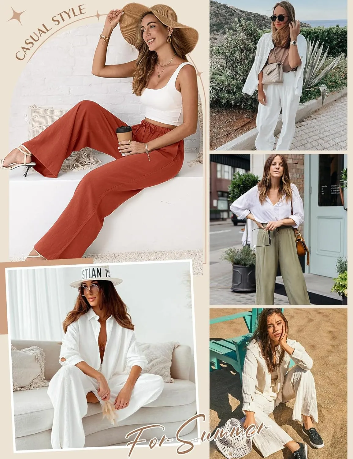 Womens Linen Pants High Waisted Wide Leg Trousers Summer Palazzo Casual Pant Flowy Drawstring Beach Pants