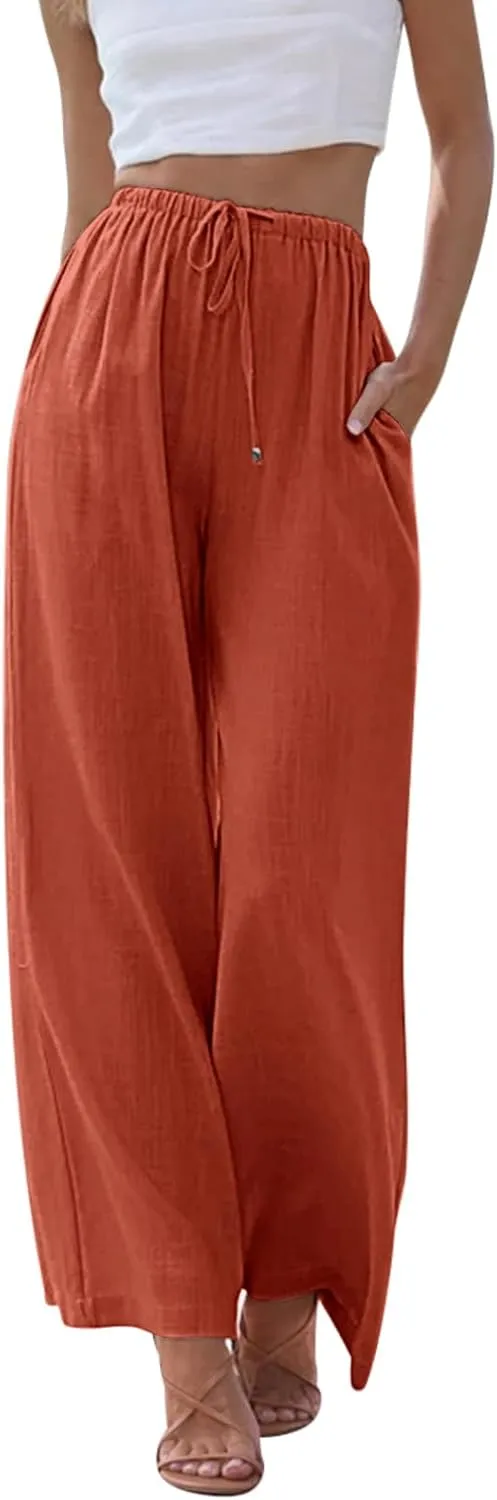 Womens Linen Pants High Waisted Wide Leg Trousers Summer Palazzo Casual Pant Flowy Drawstring Beach Pants