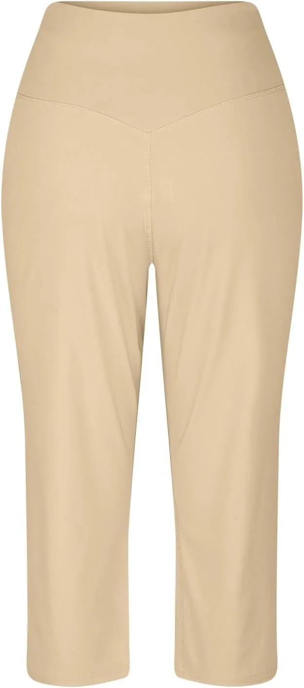 Womens Linen Pants Long Elastic Waist Summer Loose Capri Pants for Women Stretch Cotton Petite Short Capris Cargo
