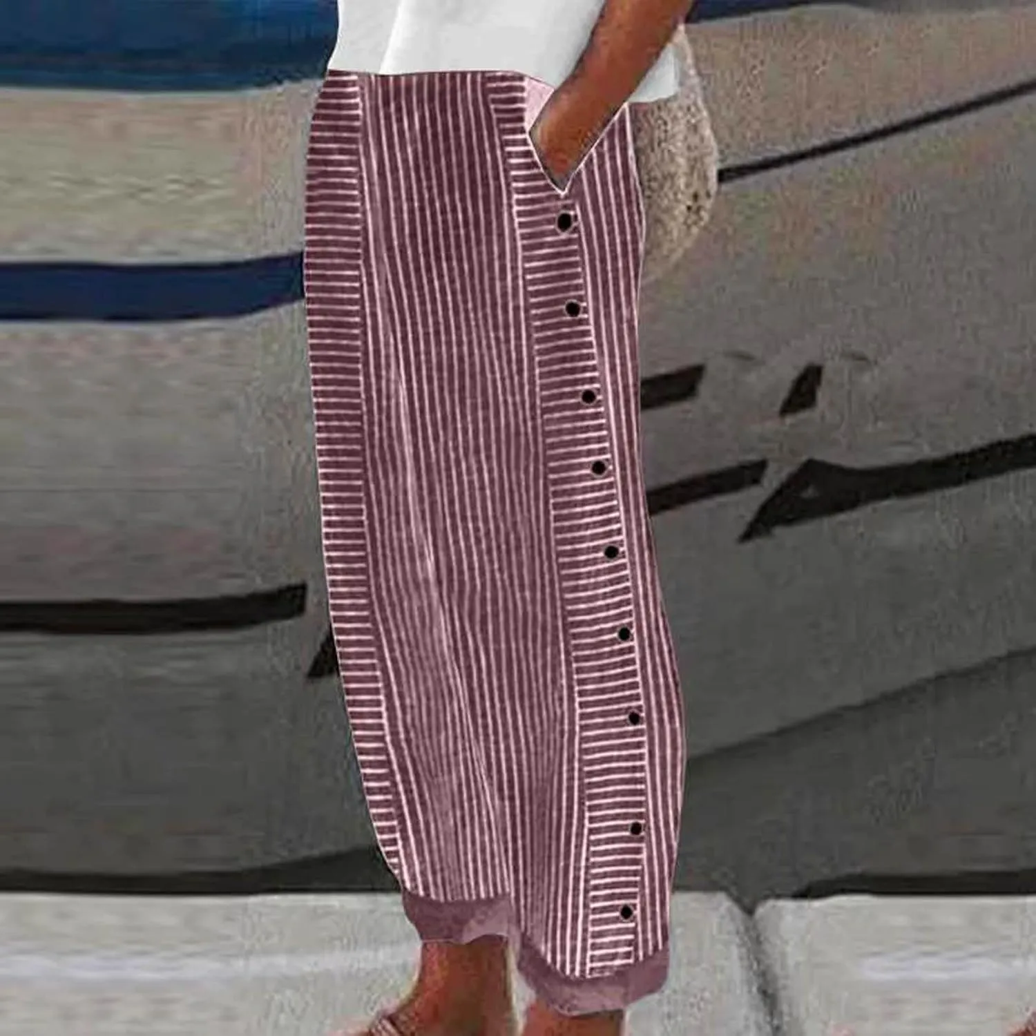 Womens Linen Pants Plus Size Striped Summer Casual Gauze Pants Elastic High Waist Wide Leg Loose Fit Workout Trousers