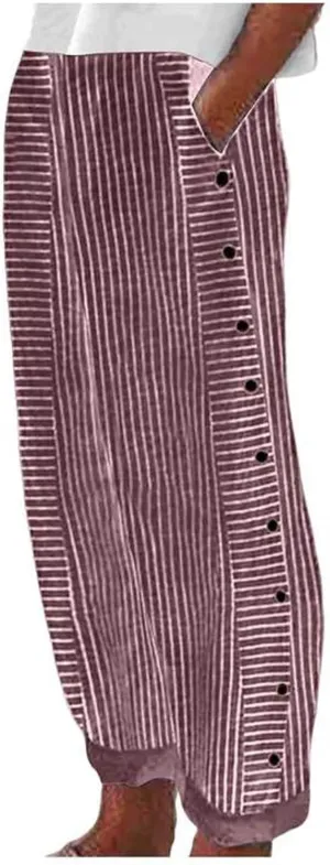 Womens Linen Pants Plus Size Striped Summer Casual Gauze Pants Elastic High Waist Wide Leg Loose Fit Workout Trousers