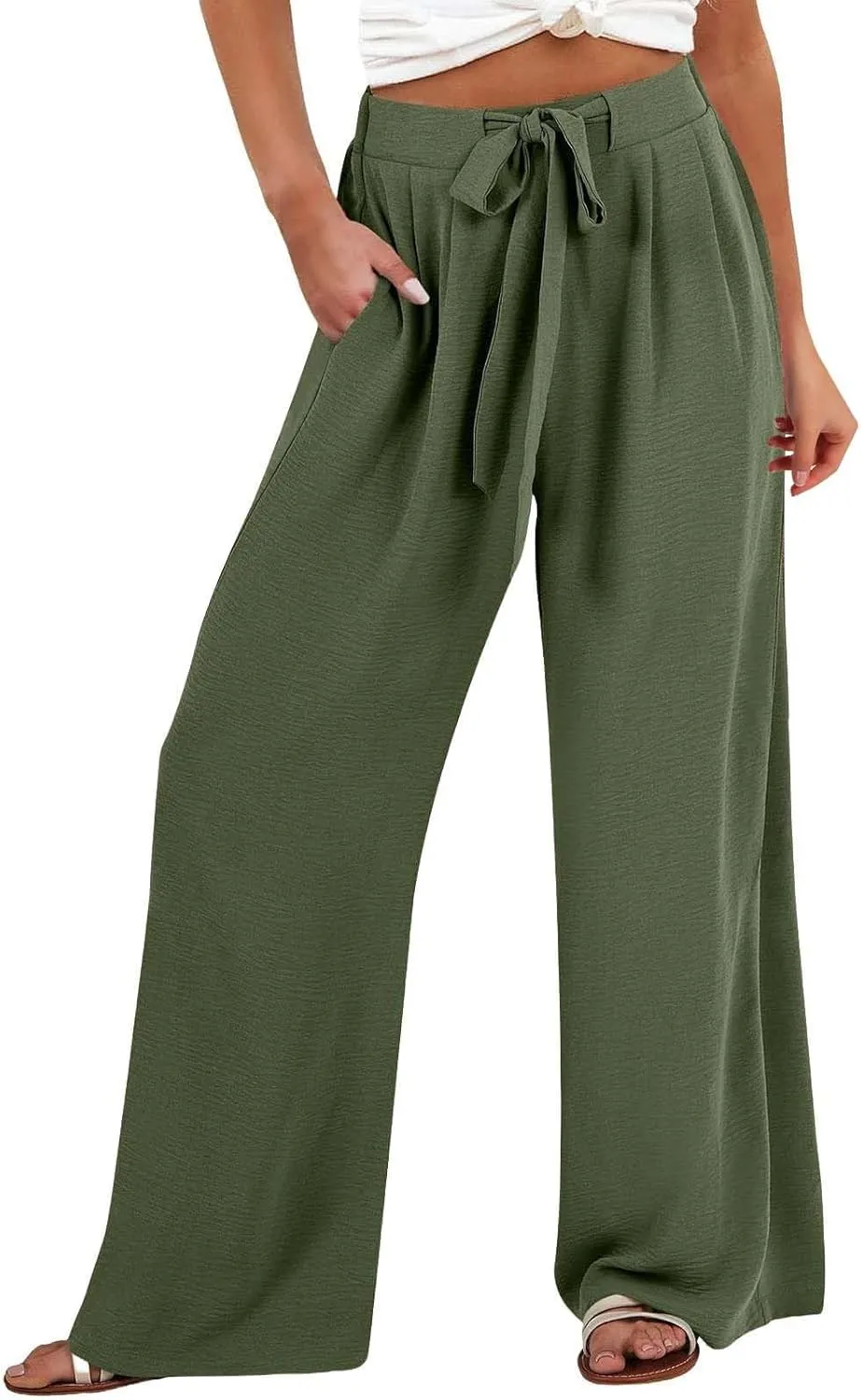 Womens Linen Pants Summer Wide-Leg High Waisted Drawstring Flowy Trousers with Pocket 2025 Casual Trendy Pants