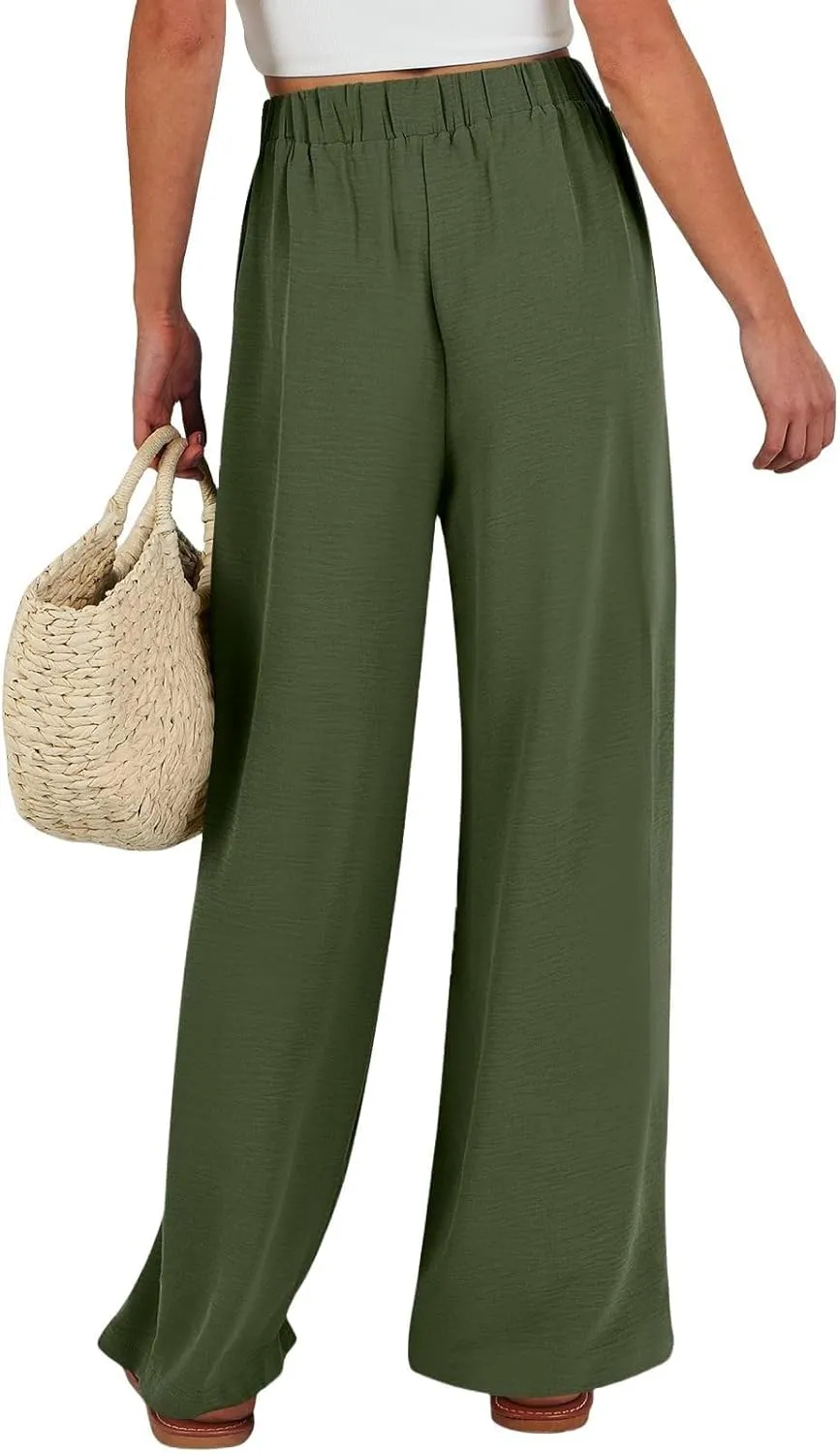 Womens Linen Pants Summer Wide-Leg High Waisted Drawstring Flowy Trousers with Pocket 2025 Casual Trendy Pants