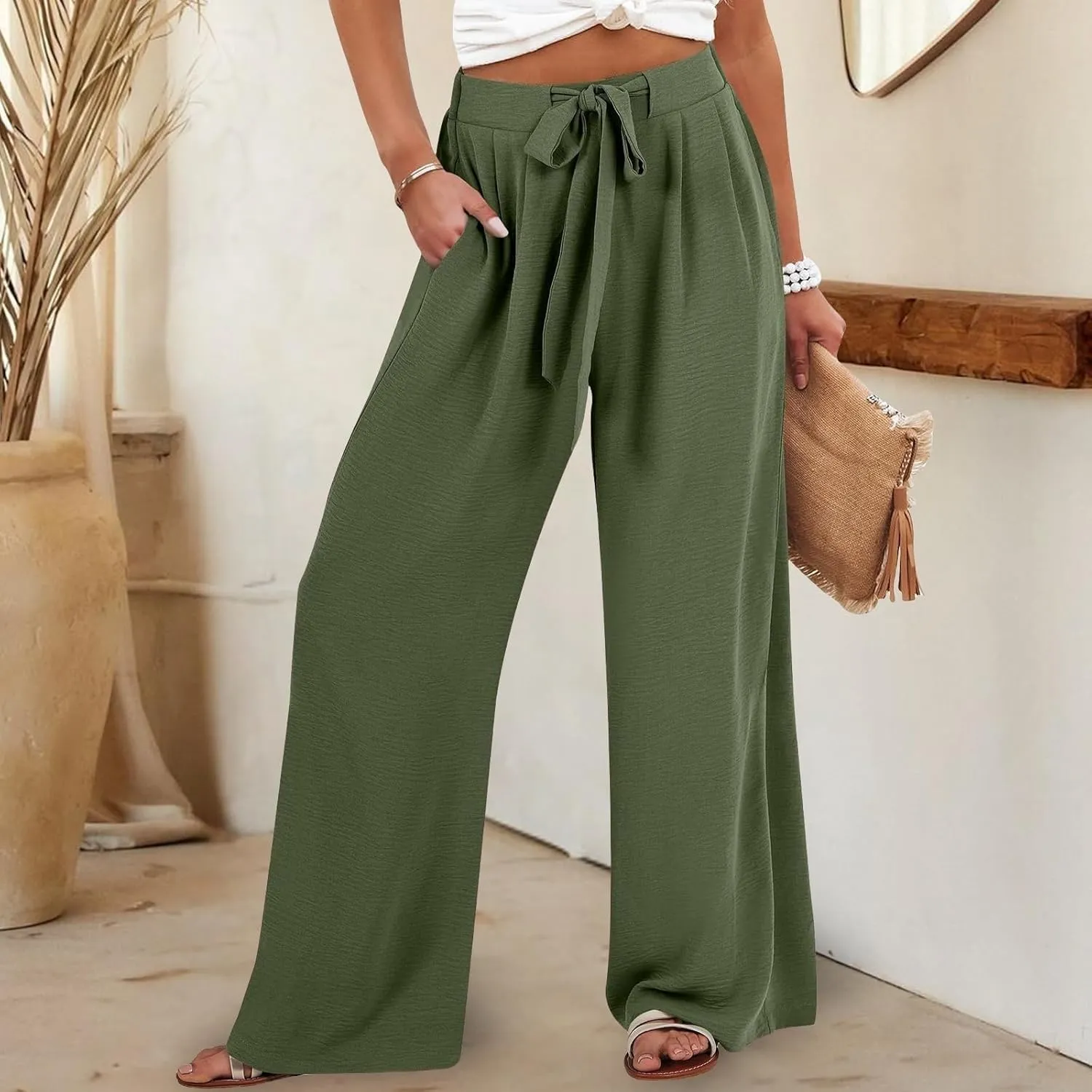 Womens Linen Pants Summer Wide-Leg High Waisted Drawstring Flowy Trousers with Pocket 2025 Casual Trendy Pants