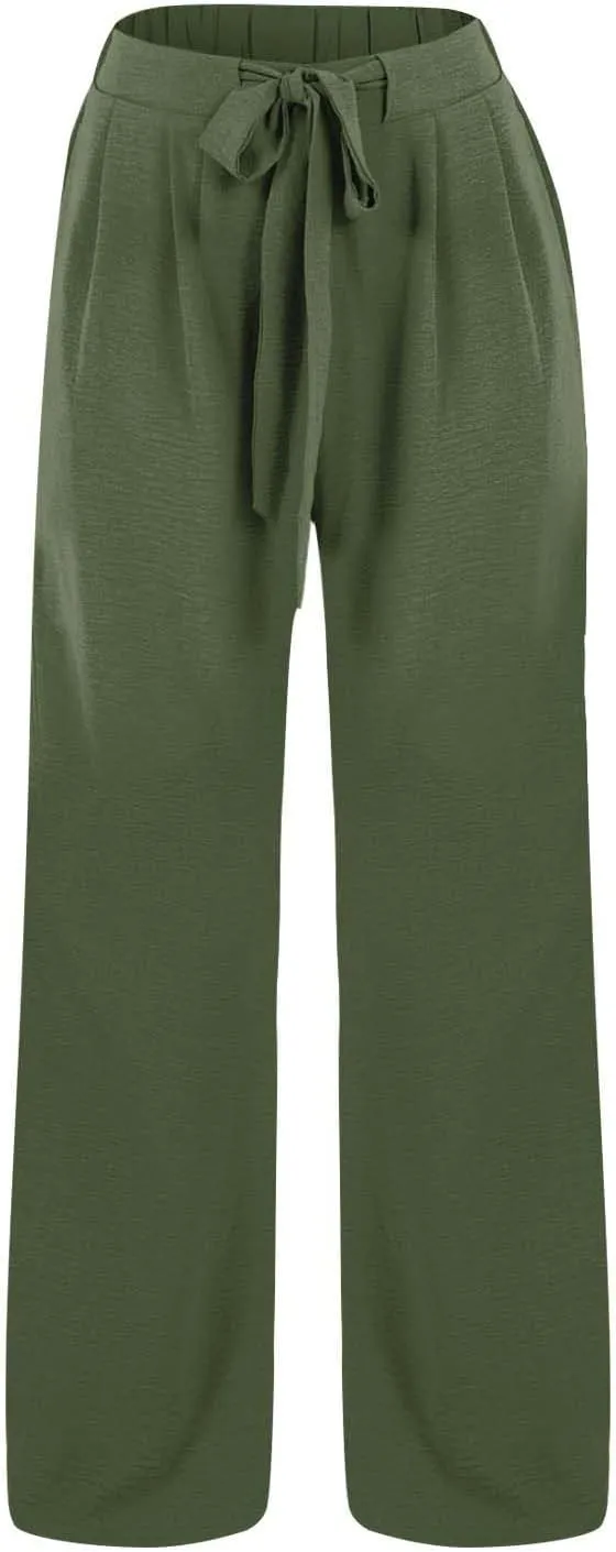 Womens Linen Pants Summer Wide-Leg High Waisted Drawstring Flowy Trousers with Pocket 2025 Casual Trendy Pants