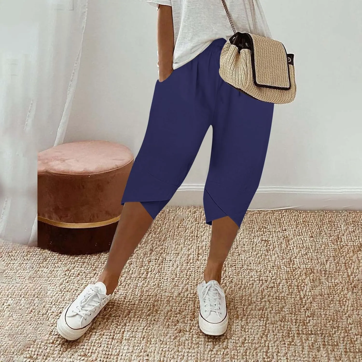 Women's Linen Pants Wide Leg Work Dress Pants Drawstring Casual Solid Color Shorts Cotton Linen Pants Casual 2025