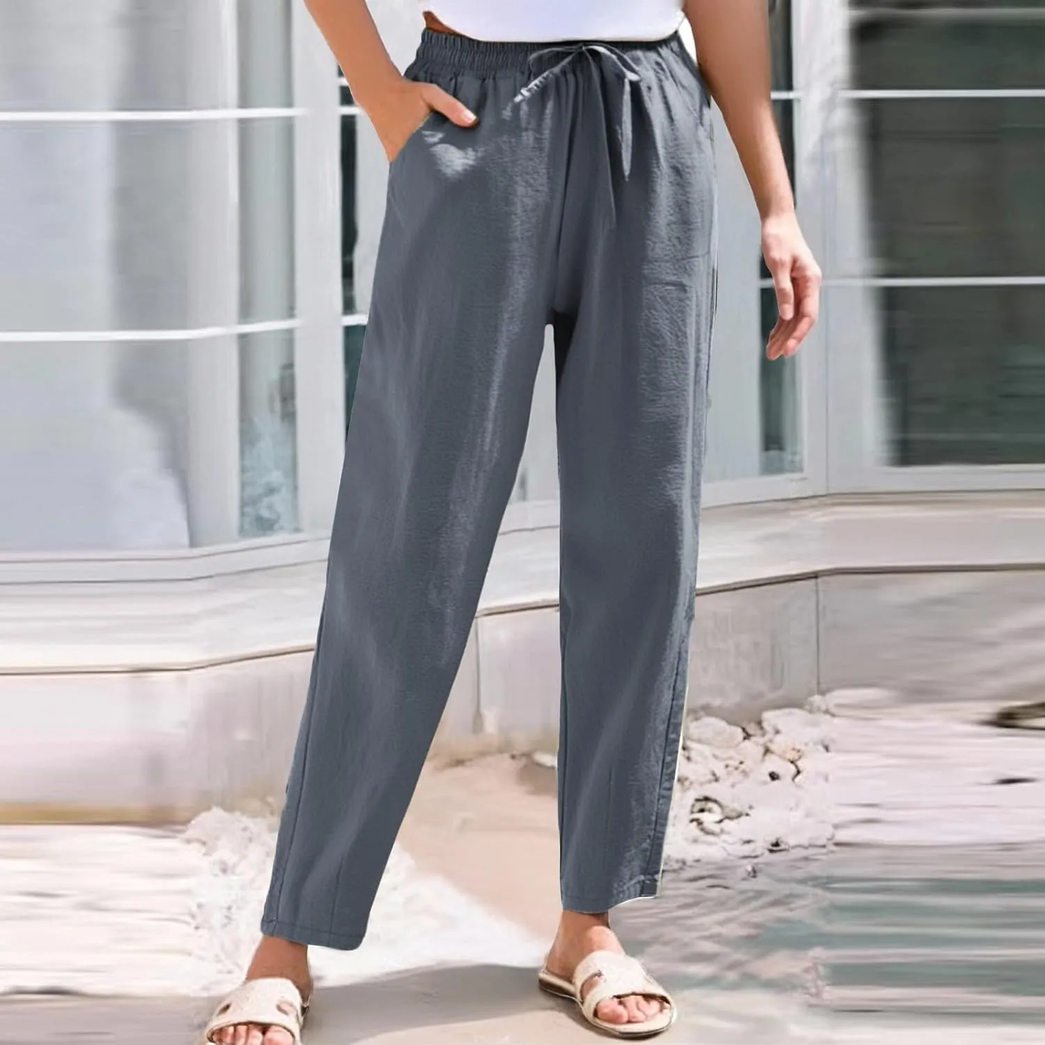 Womens Linen Pants with Pockets Summer 2025 Cropped Cotton Linen Pants Drawstring Petite Casual Beach Summer Pants