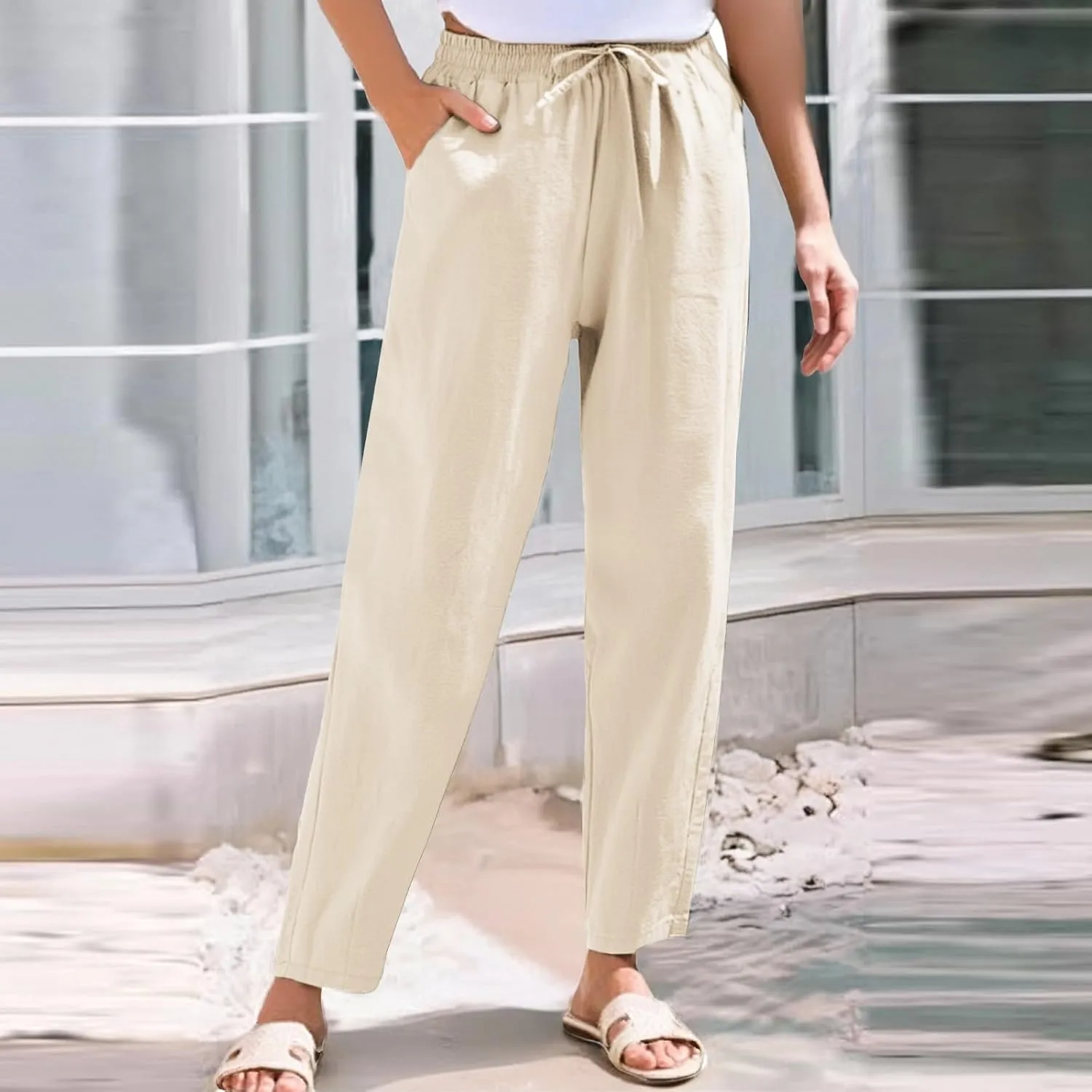Womens Linen Pants with Pockets Summer 2025 Cropped Cotton Linen Pants Drawstring Petite Casual Beach Summer Pants