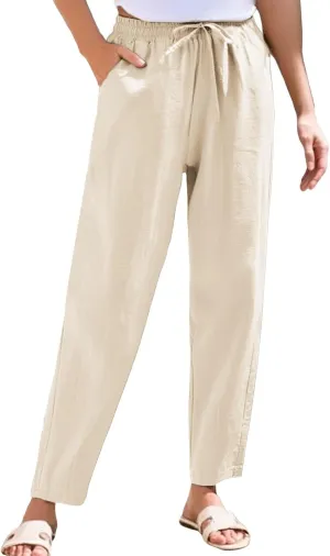 Womens Linen Pants with Pockets Summer 2025 Cropped Cotton Linen Pants Drawstring Petite Casual Beach Summer Pants