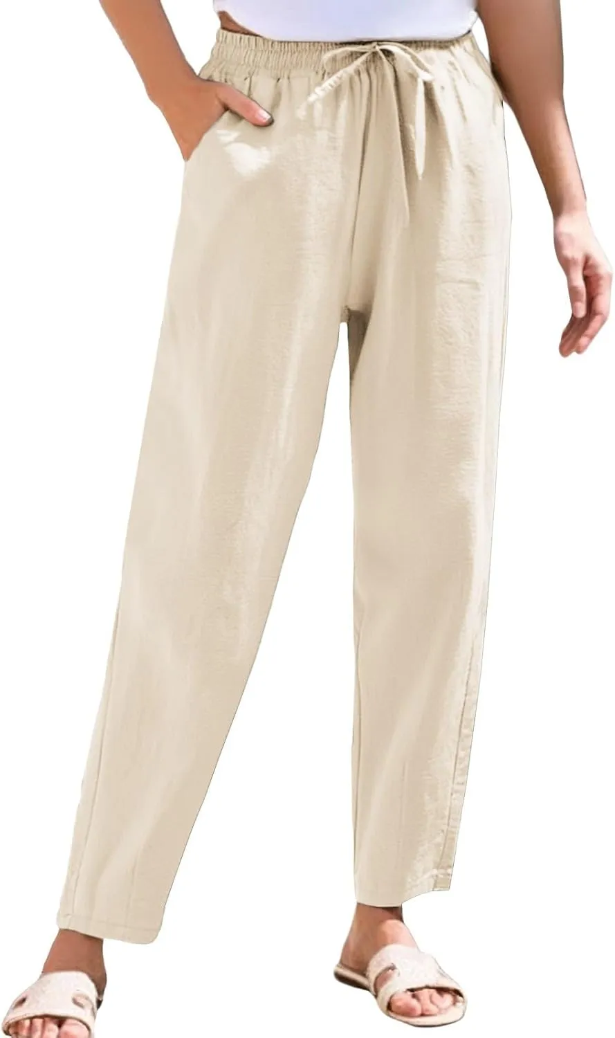 Womens Linen Pants with Pockets Summer 2025 Cropped Cotton Linen Pants Drawstring Petite Casual Beach Summer Pants