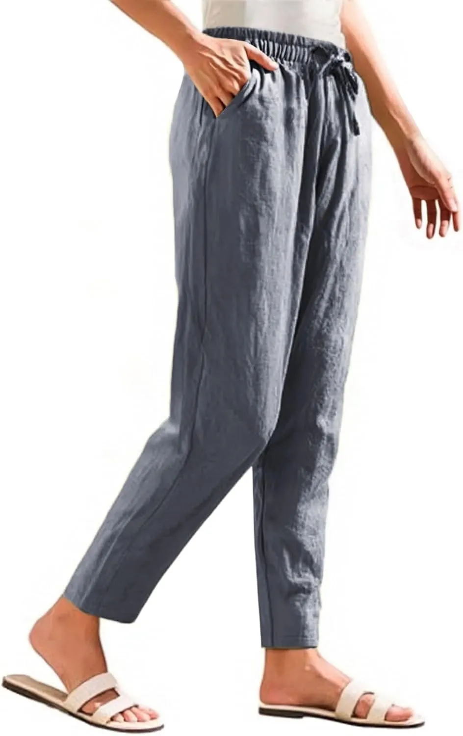 Womens Linen Pants with Pockets Summer 2025 Cropped Cotton Linen Pants Drawstring Petite Casual Beach Summer Pants
