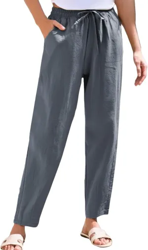 Womens Linen Pants with Pockets Summer 2025 Cropped Cotton Linen Pants Drawstring Petite Casual Beach Summer Pants