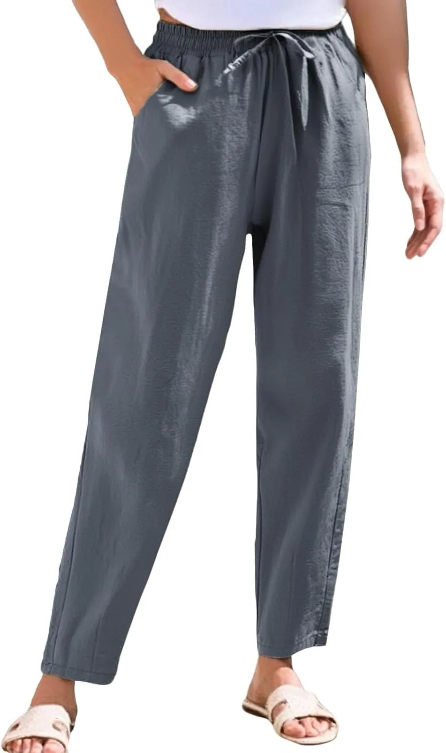 Womens Linen Pants with Pockets Summer 2025 Cropped Cotton Linen Pants Drawstring Petite Casual Beach Summer Pants