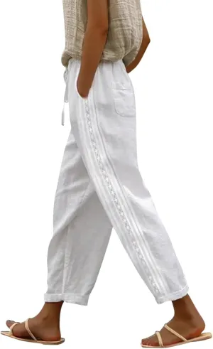 Womens Linen Summer Capri Pants Capri Pants with Pockets Wide Leg Cropped Pants for Women Comfy Loose Summer Beach