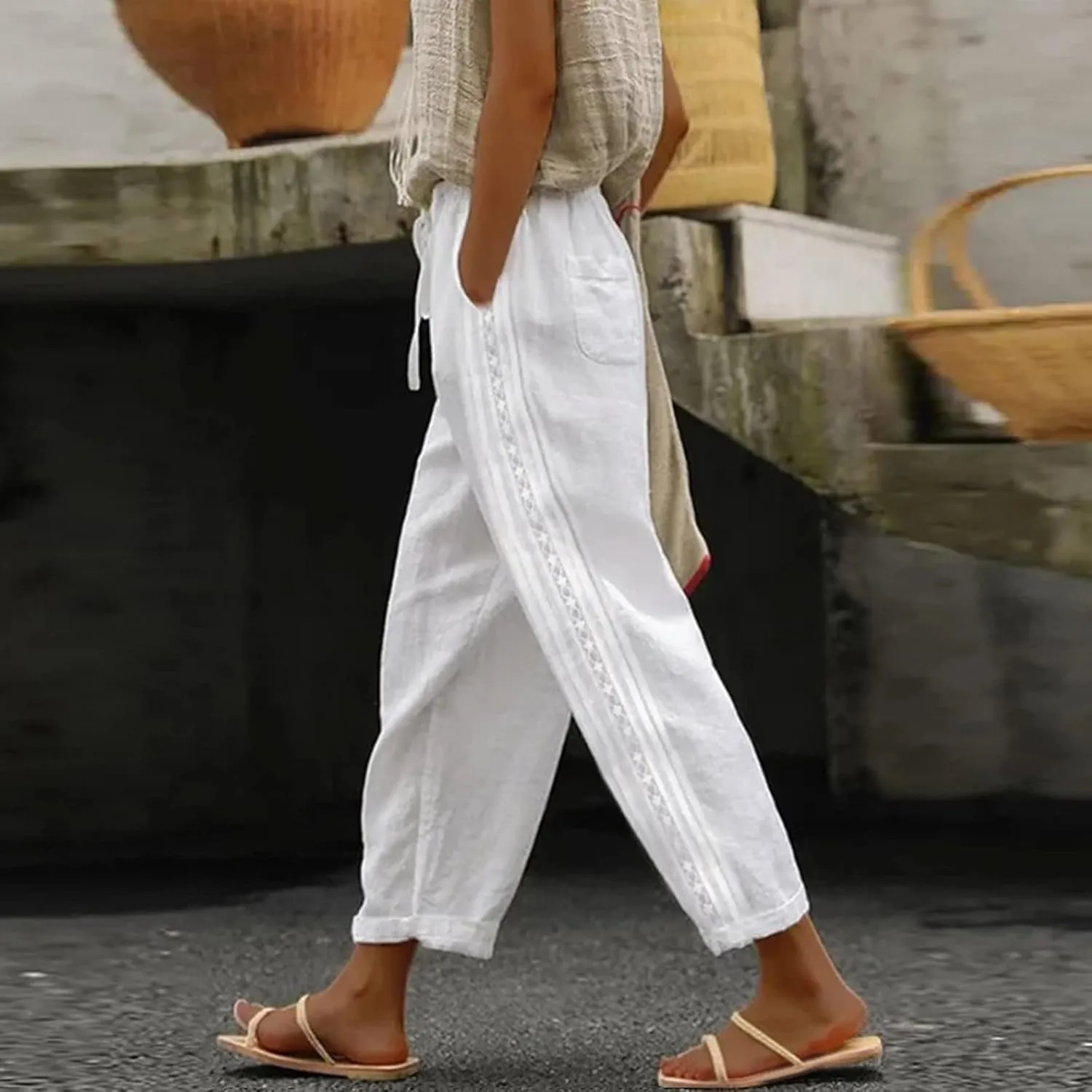 Womens Linen Summer Capri Pants Capri Pants with Pockets Wide Leg Cropped Pants for Women Comfy Loose Summer Beach