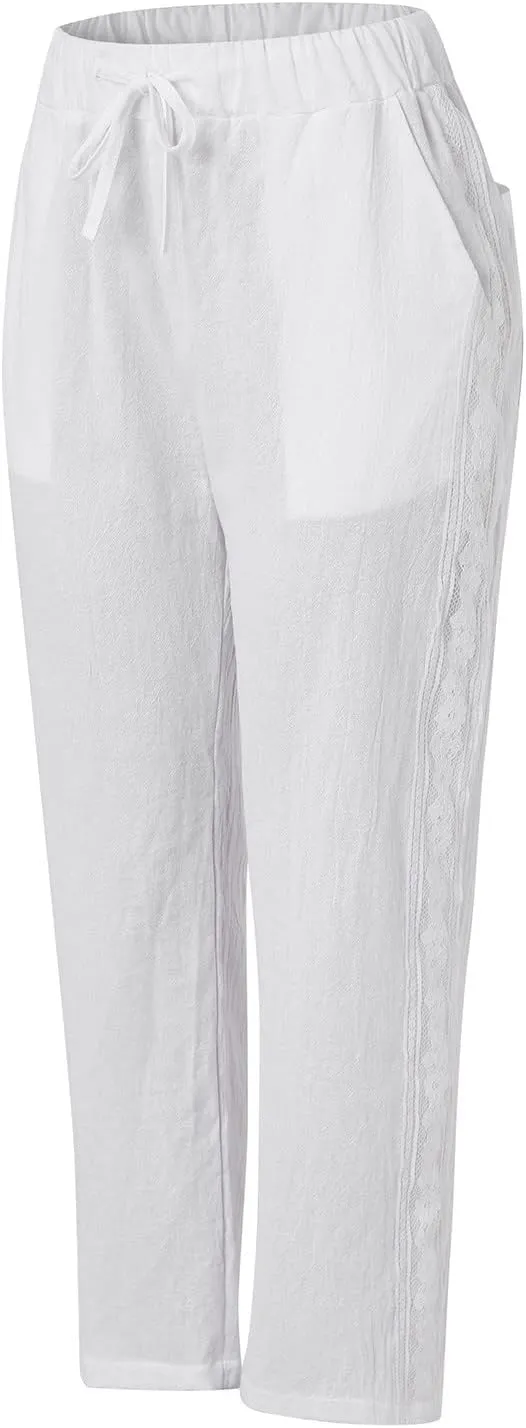 Womens Linen Summer Capri Pants Capri Pants with Pockets Wide Leg Cropped Pants for Women Comfy Loose Summer Beach
