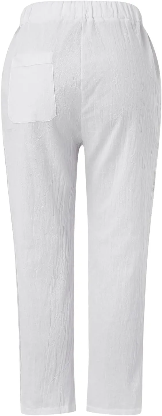 Womens Linen Summer Capri Pants Capri Pants with Pockets Wide Leg Cropped Pants for Women Comfy Loose Summer Beach