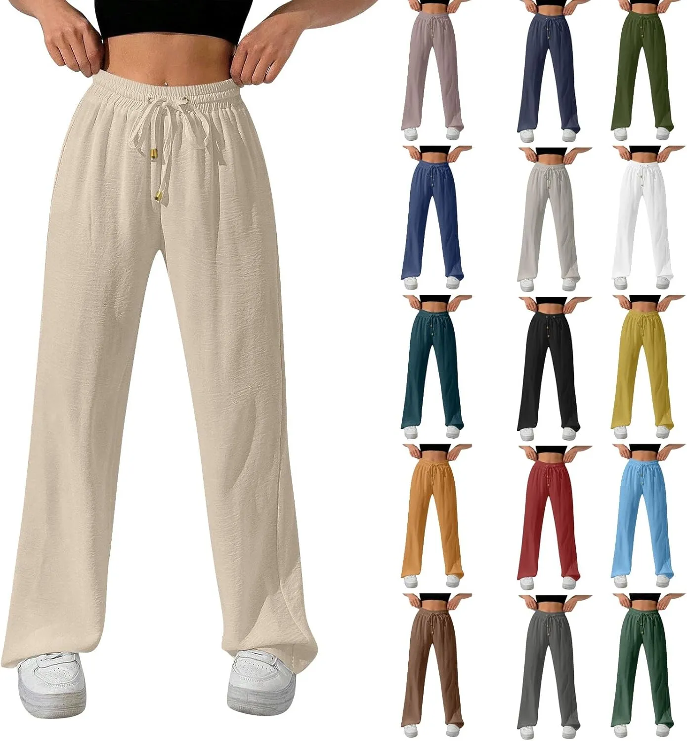 Women's Linen Summer Palazzo Pants Flowy Wide Leg Beach Pants with Pockets
