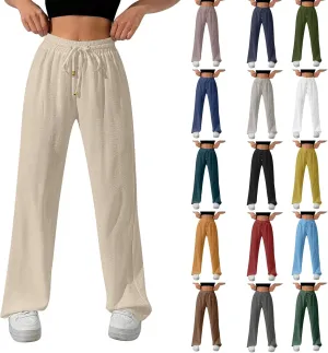 Women's Linen Summer Palazzo Pants Flowy Wide Leg Beach Pants with Pockets