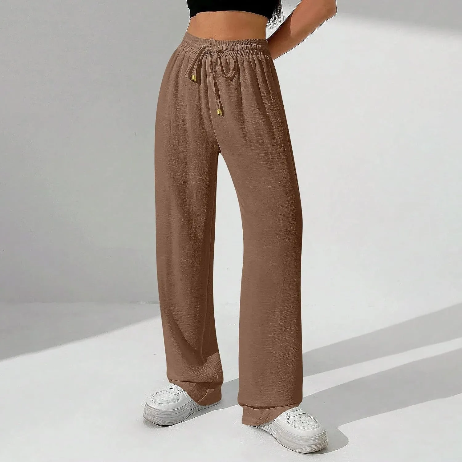 Women's Linen Summer Palazzo Pants Flowy Wide Leg Beach Pants with Pockets