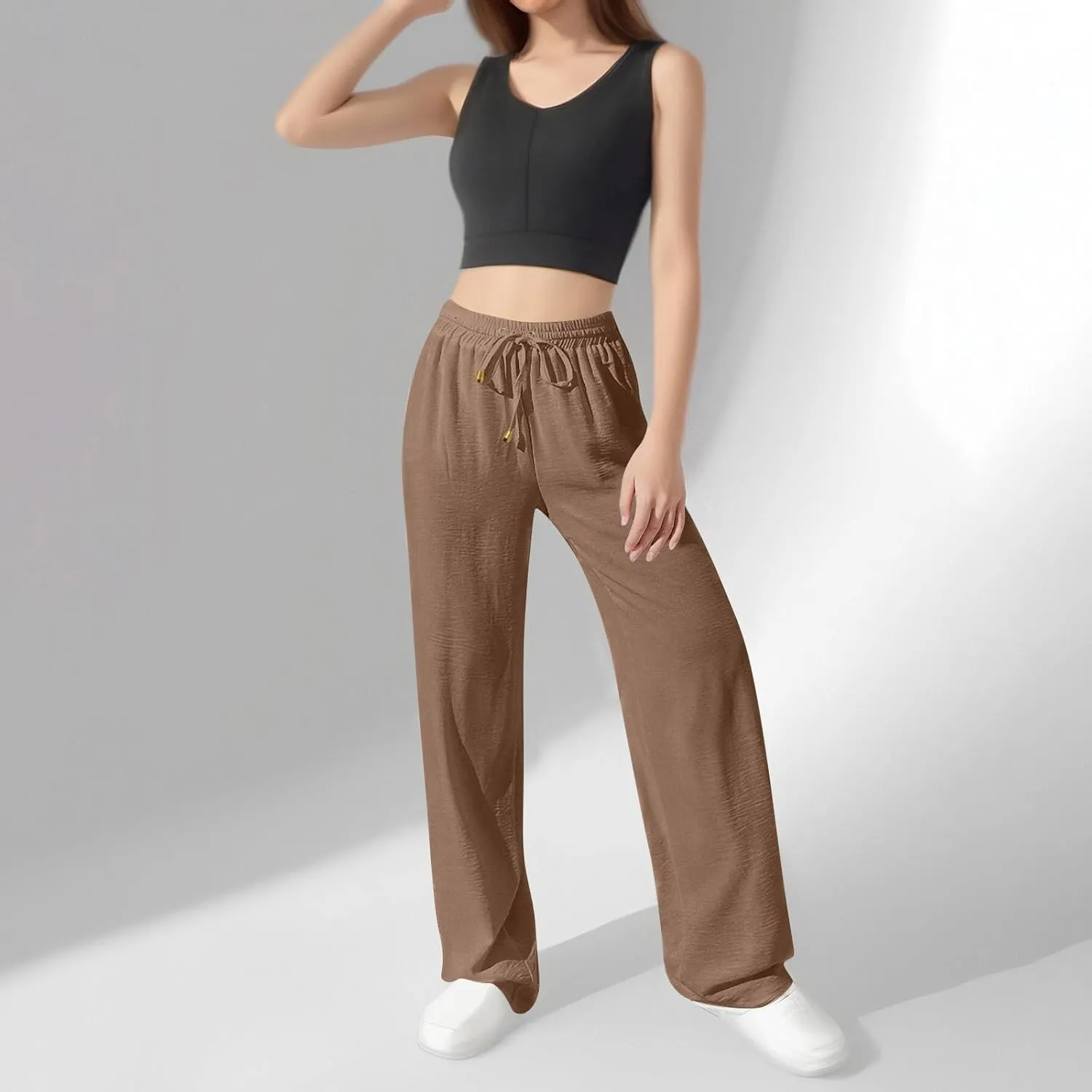 Women's Linen Summer Palazzo Pants Flowy Wide Leg Beach Pants with Pockets