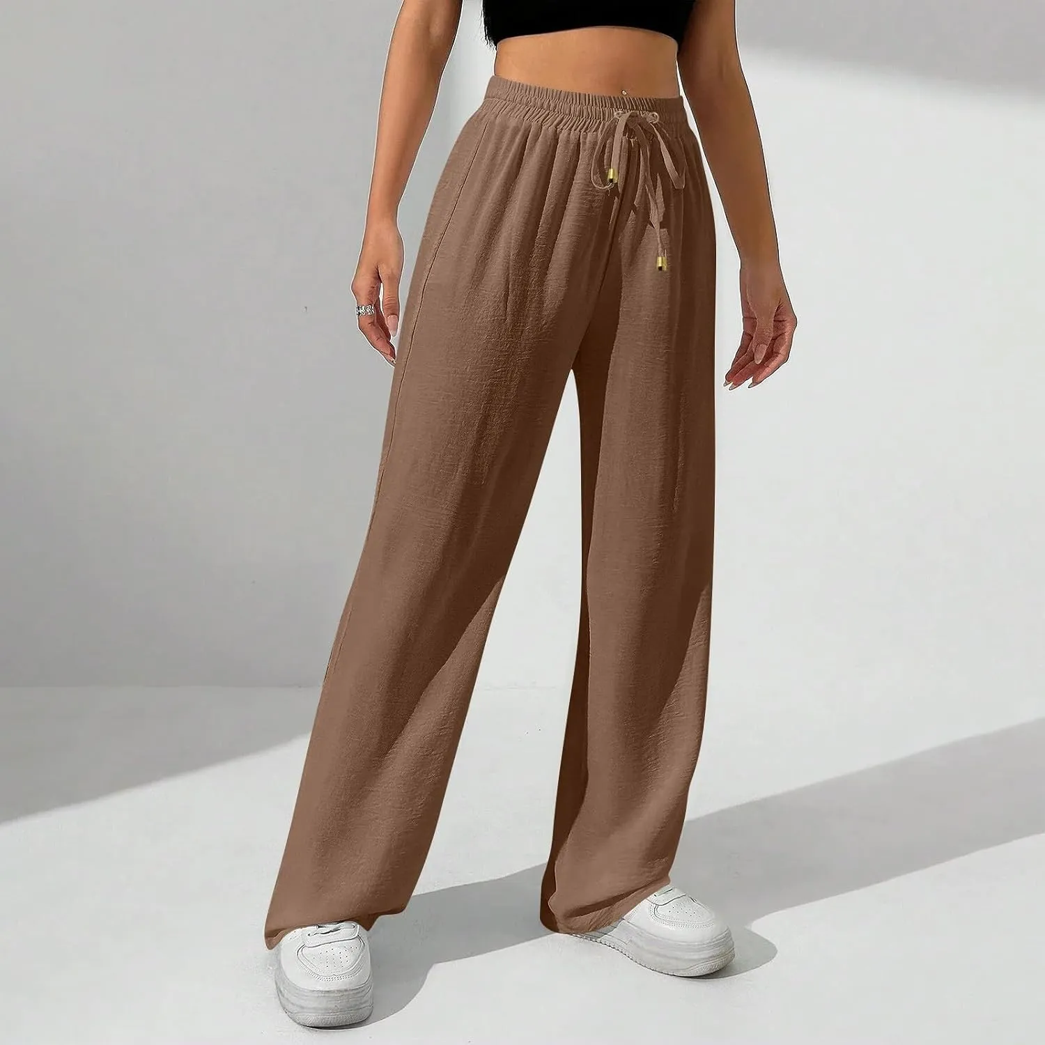 Women's Linen Summer Palazzo Pants Flowy Wide Leg Beach Pants with Pockets
